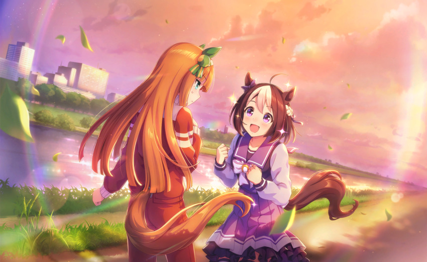 2girls ahoge animal_ears aqua_eyes artist_request blue_sailor_collar blue_shirt blue_skirt blunt_bangs blunt_ends bow bowtie braid brooch brown_hair city cloud collarbone dot_nose ear_bow ear_covers eye_contact face-to-face feet_out_of_frame floating_clothes floating_hair frilled_skirt frills from_behind game_cg green_ribbon hair_between_eyes hair_ornament hair_ribbon hairband half_up_braid hand_on_own_chest happy high-waist_skirt highres horse_ears horse_girl horse_tail horseshoe_ornament jacket jewelry leaf light_blush light_particles light_rays long_hair long_sleeves looking_at_another medium_hair miniskirt multicolored_hair multiple_girls nervous official_art open_mouth orange_hair orange_sky outdoors pants parted_lips path pleated_skirt puffy_long_sleeves puffy_sleeves purple_bow purple_eyes red_jacket red_pants ribbon river road sailor_collar school_uniform shade shirt sidelocks silence_suzuka_(umamusume) single_stripe skirt sky smile special_week_(umamusume) sphere_hair_ornament sportswear streaked_hair striped_ribbon sunset sweatdrop sweatpants tail tareme tracen_school_uniform tracen_training_uniform track_jacket tree turtleneck turtleneck_jacket umamusume very_long_hair white_bow white_bowtie white_hairband wind