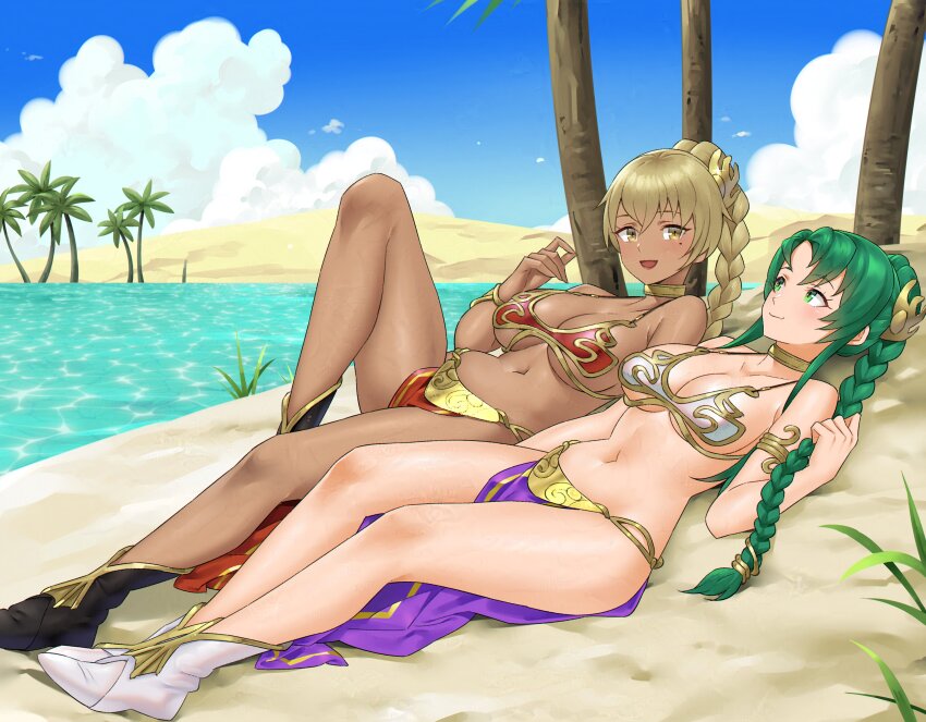 2girls absurdres alternate_hairstyle beach belly_dancer belly_dancer_outfit blonde_hair boots braid breasts cecilia_(fire_emblem) cleavage collar cosplay curvy dark-skinned_female dark_skin female_focus fire_emblem fire_emblem:_the_binding_blade green_eyes green_hair hair_bun happy harem harem_outfit highres igni_tion igrene_(fire_emblem) large_breasts leia_organa_(cosplay) loincloth long_hair long_legs lounging lying matching_hair/eyes mole mole_under_eye multiple_girls navel nintendo oasis on_back palm_tree revealing_clothes slave slave_bikini smile stomach tree underboob water yellow_eyes