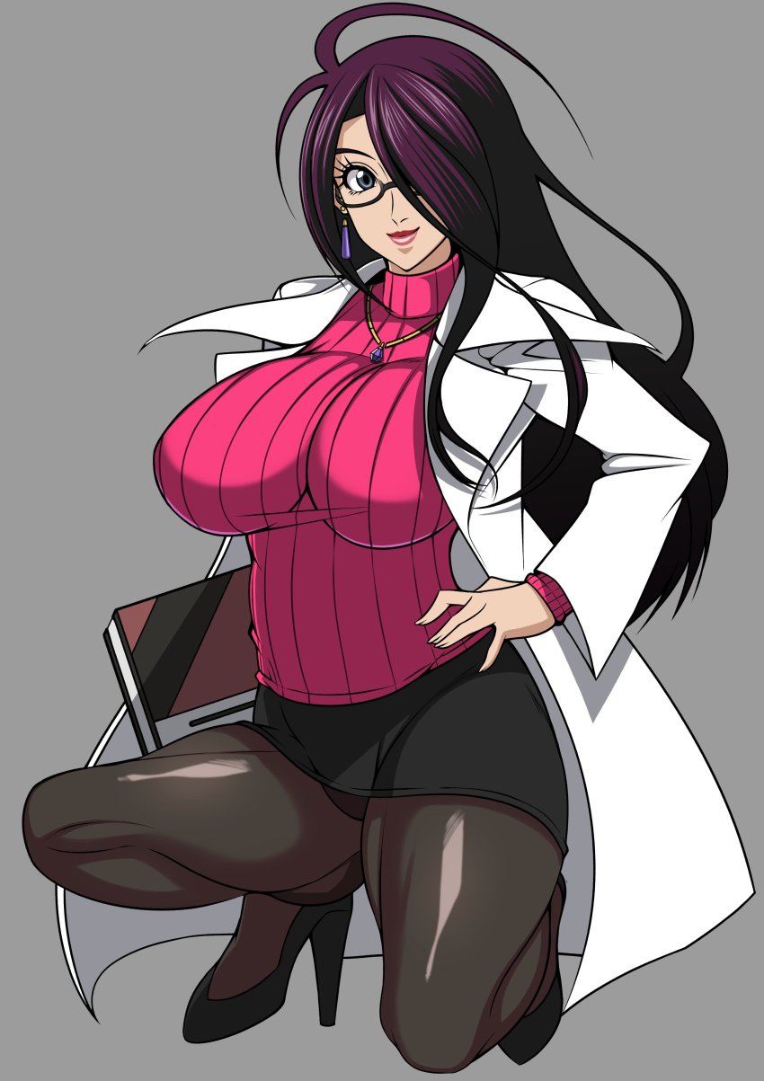 1girl absurdres alternate_color black_footwear black_pantyhose breasts capcom clipboard commentary_request earrings glasses green_eyes hair_over_one_eye hand_on_own_hip high_heels highres impossible_clothes jewelry justice_gakuen lab_coat large_breasts lipstick long_hair makeup minazuki_kyouko miniskirt myougi_kuraganosuke necklace panties panties_under_pantyhose pantyhose pink_sweater purple_hair ribbed_sweater skirt smile solo squatting sweater underwear