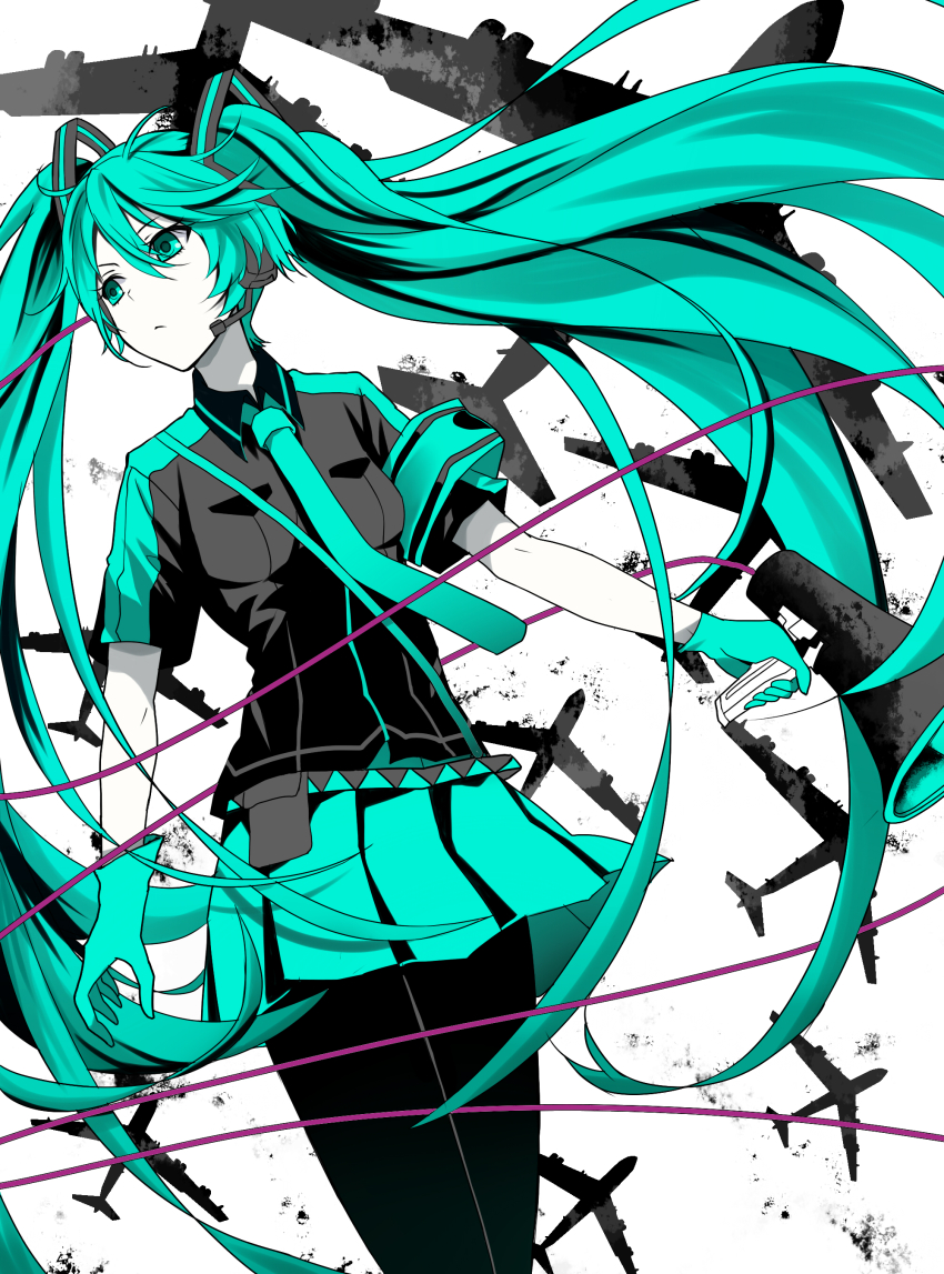 1girl absurdres aircraft airplane alternate_costume aqua_eyes aqua_hair b-52_stratofortress female_focus gloves hatsune_miku headset heavy_bomber highres koi_wa_sensou_(vocaloid) long_hair makise_minami megaphone necktie penetrator_(aircraft) shirt skirt solo strategic_bomber t-shirt vocaloid