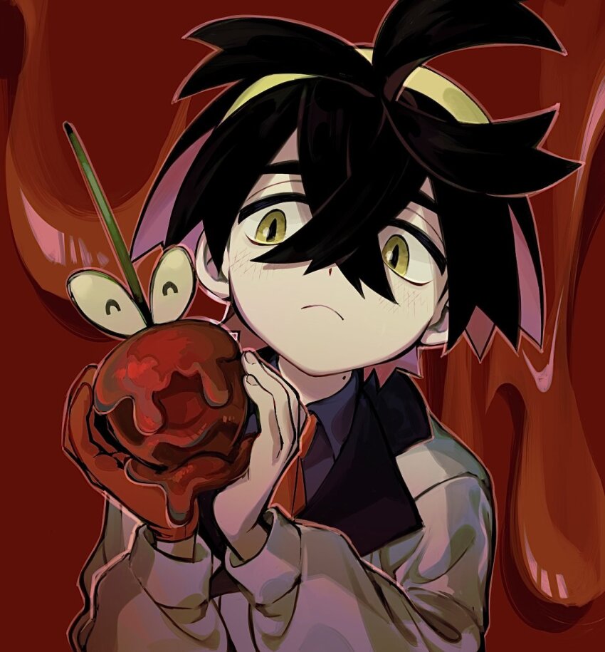 1boy ^_^ black_hair blue_shirt closed_eyes closed_mouth crossed_bangs dipplin gloves hair_between_eyes hairband highres holding holding_pokemon ieiieiiei jacket kieran_(pokemon) male_focus mole mole_on_neck multicolored_hair necktie nintendo pink_hair pokemon pokemon_(creature) pokemon_sv red_background red_gloves red_necktie shirt single_glove upper_body white_jacket yellow_eyes yellow_hairband