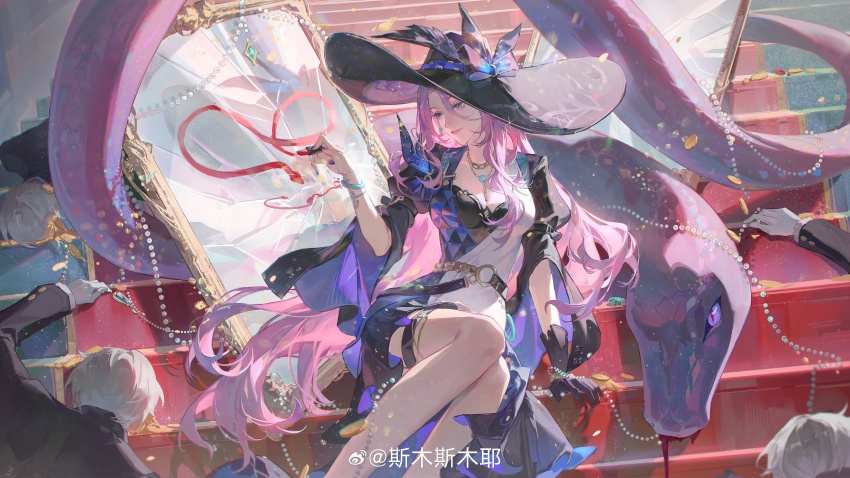1girl 3boys absurdres artist_name black_bra black_gloves black_hat blue_eyes bow bra bra_peek bracelet breasts broken_mirror chain chain_bracelet chain_necklace cosmetics dress earrings gloves hat hat_bow hat_feather highres holding holding_lipstick_tube honkai:_star_rail honkai_(series) indoors jade_(honkai:_star_rail) jewelry large_breasts large_hat lipstick_tube long_hair looking_to_the_side mirror multiple_boys necklace parted_lips pink_hair purple_nails short_hair sitting smile smusmuye snake solo_focus stairs two-tone_dress underwear watermark weibo_watermark white_hair