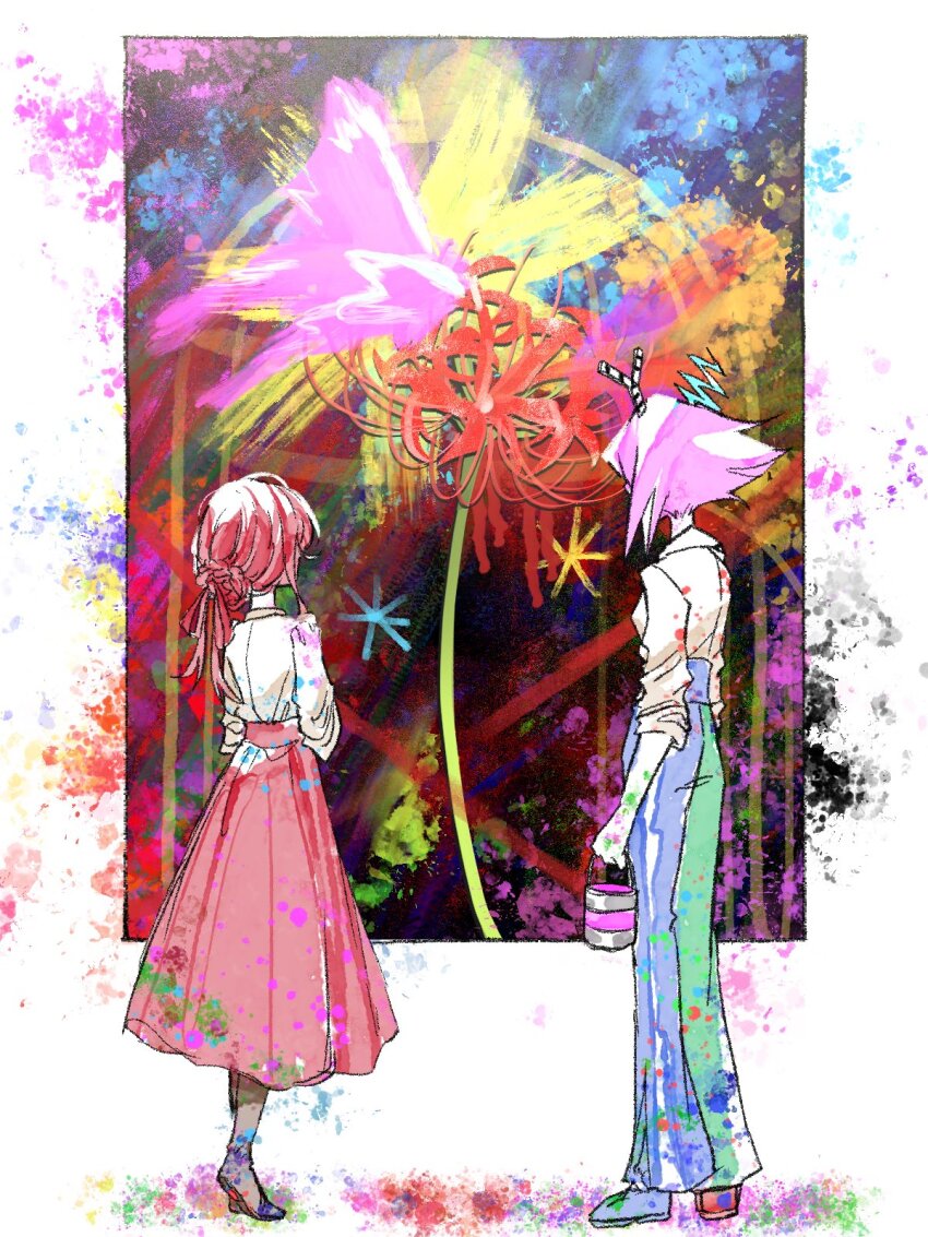 1girl 1other aida_(aidacamelia0516) antennae bell-bottoms blue_pants braid braided_bun flower full_body gangle_(the_amazing_digital_circus) hair_bun hair_ribbon hand_up highres long_skirt long_sleeves paint paint_splatter painting_(object) pants pink_hair red_flower red_hair red_skirt ribbon shirt short_hair skirt the_amazing_digital_circus white_shirt yellow_shirt zooble_(the_amazing_digital_circus)