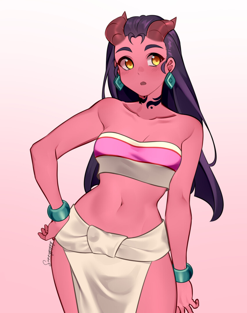 1girl absurdres adapted_costume alternate_costume bandeau bare_shoulders black_choker bracelet breasts chel_(el_dorado) choker colored_skin cosplay crop_top crossover dahlia_(day_of_wrath) day_of_wrath_(infinitypilot) demon demon_girl demon_horns doom_(series) doom_eternal earrings hand_on_own_hip highres horns jewelry loincloth long_hair medium_breasts midriff neck_tattoo open_mouth orange_eyes original pelvic_curtain red_skin skirt solo strapless sunnypoppy tattoo the_road_to_el_dorado tiefling tube_top