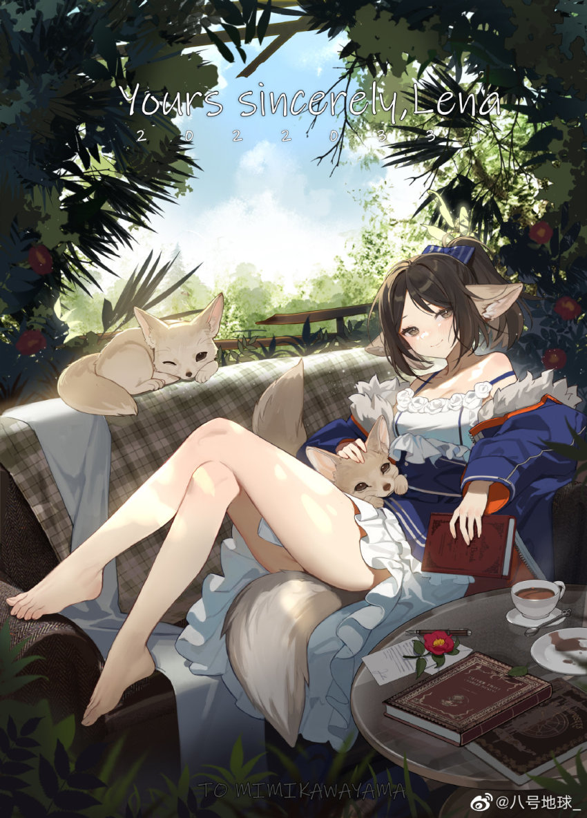 1girl animal_ears arknights bahao_diqiu bare_legs bare_shoulders barefoot blue_bow blue_dress blue_jacket blush book bow brown_eyes brown_hair closed_mouth couch crossed_legs cup day dress flower fox fox_ears fox_girl fox_tail frilled_dress frills full_body hair_bow highres holding holding_book jacket leaf long_sleeves looking_at_viewer off_shoulder on_couch open_clothes open_jacket perfumer_(arknights) petting plant ponytail red_flower saucer solo strap_slip tail teacup