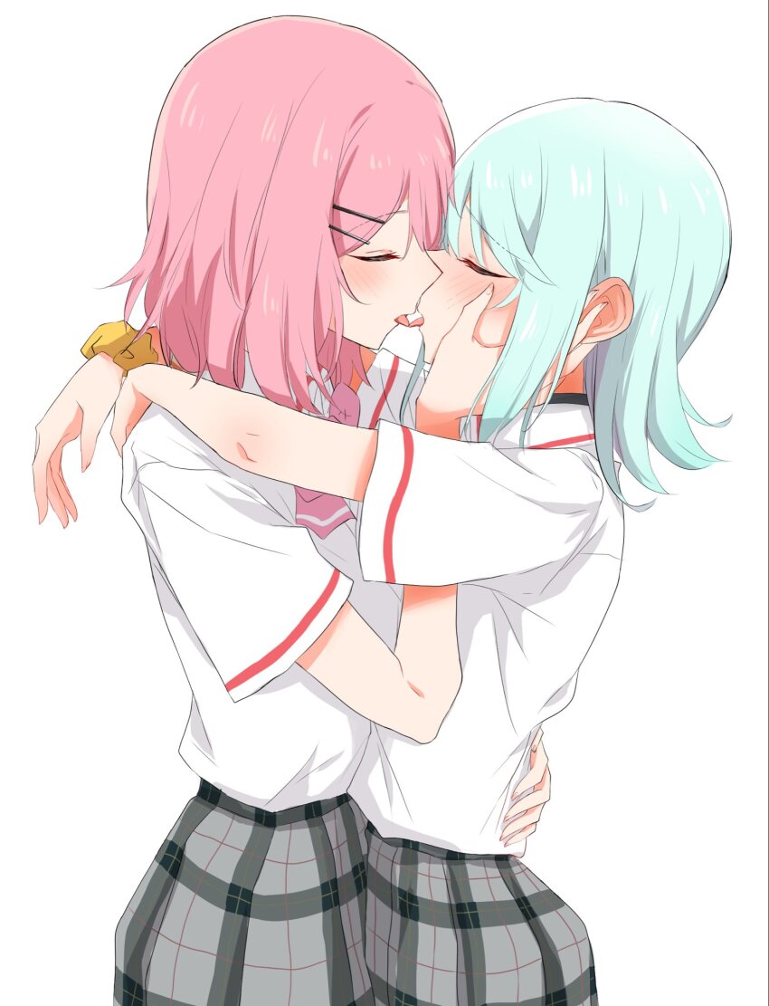 2girls amaori_renako arms_around_neck blue_hair blush bow bowtie closed_eyes commentary_request french_kiss grey_skirt hand_on_another&#039;s_face hand_on_another&#039;s_waist highres kiss koyanagi_kaho medium_hair multiple_girls nuooooodoomo pink_bow pink_bowtie pink_hair plaid_clothes plaid_skirt school_uniform scrunchie shirt simple_background skirt tongue tongue_out watashi_ga_koibito_ni_nareru_wake_naijan_murimuri! white_background white_shirt wrist_scrunchie yuri
