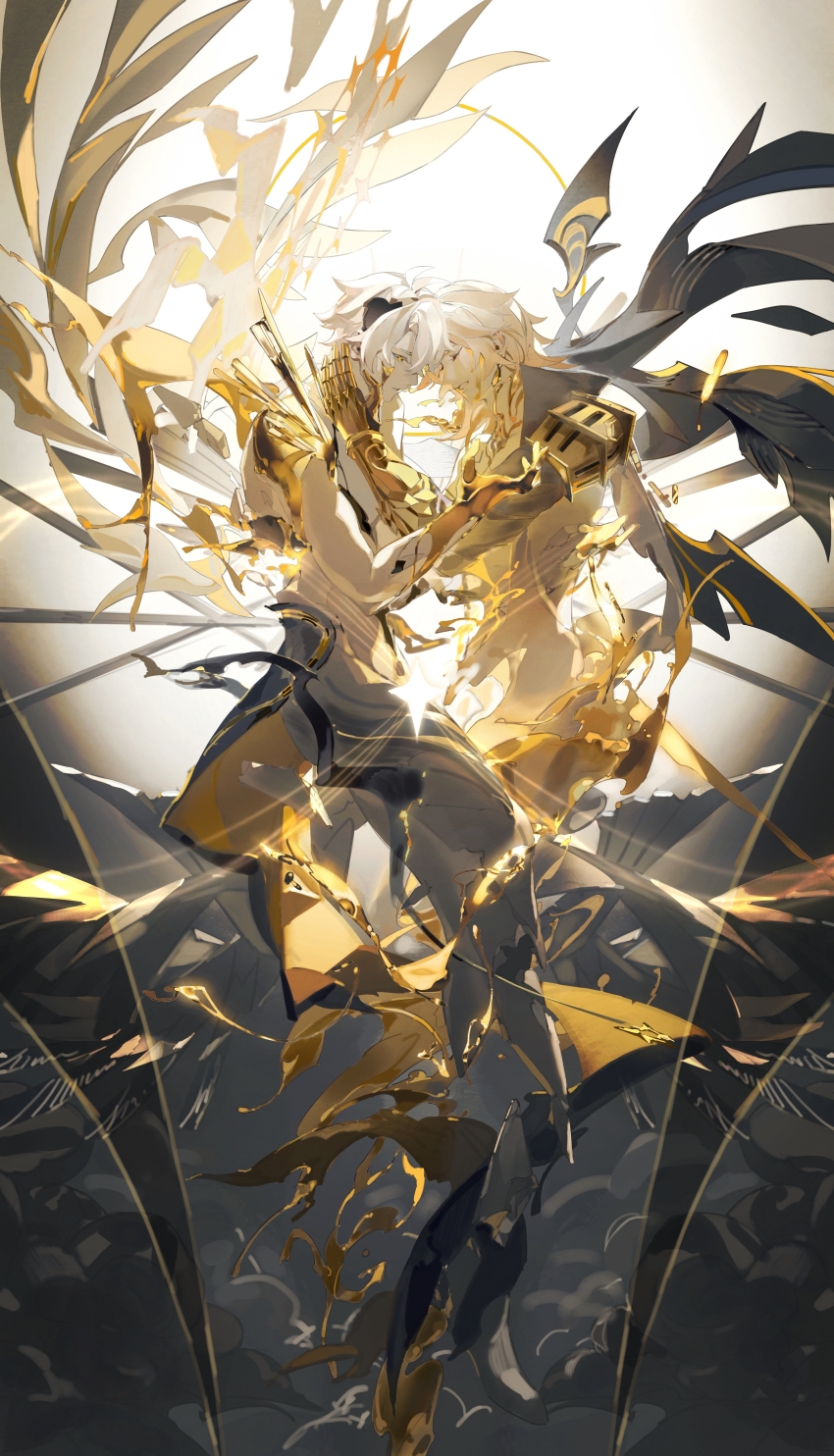 2boys 40080028157 absurdres alternate_form armor asymmetrical_wings black_coat black_shirt black_wings blonde_hair chest_tattoo chinese_commentary clawed_gauntlets coat commentary_request cracked_skin from_side hair_between_eyes halo halo_behind_head hand_on_another&#039;s_face highres honkai:_star_rail honkai_(series) male_focus material_growth multiple_boys mydei_(honkai:_star_rail) open_clothes open_coat pauldrons phainon_(honkai:_star_rail) profile red_tattoo shirt short_hair shoulder_armor single_pauldron tattoo torn_clothes torn_shirt wings yaoi yellow_blood yellow_eyes yellow_wings