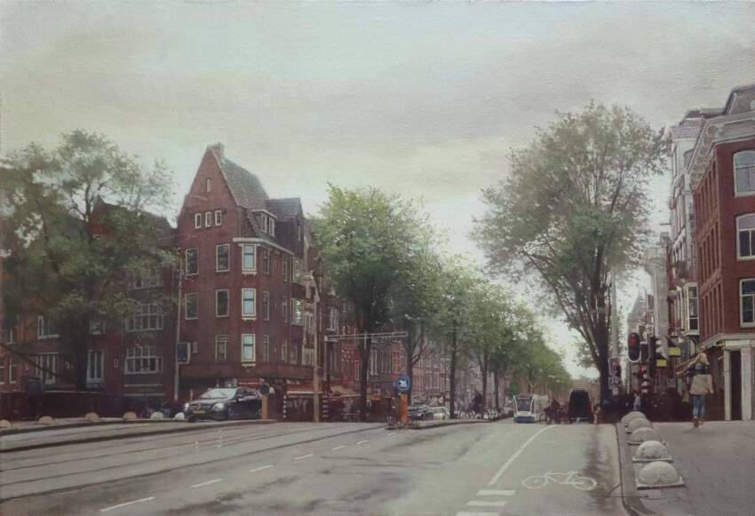 amsterdam apartment black_car building car commentary_request day motor_vehicle motorcycle naohiro_ito netherlands no_humans original painting_(medium) real_world_location road road_sign scenery sign street sunlight traditional_media traffic_light tree watercolor_(medium)