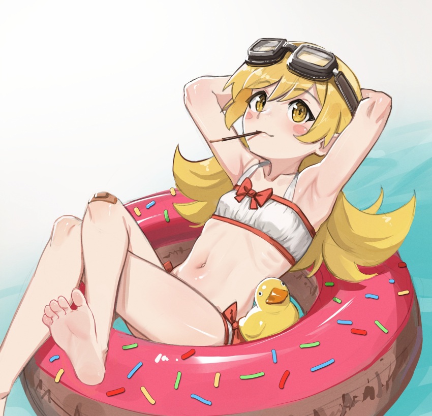 1girl armpits arms_behind_head bandaid bandaid_on_knee bandaid_on_leg barefoot bikini blonde_hair blush_stickers bow collarbone donut donut_innertube eyebrows_hidden_by_hair food goggles goggles_on_head hair_between_eyes highres innertube long_hair midriff monogatari_(series) navel oshino_shinobu pocky red_bow ricman_rt rubber_duck smile solo swim_ring swimsuit yellow_eyes