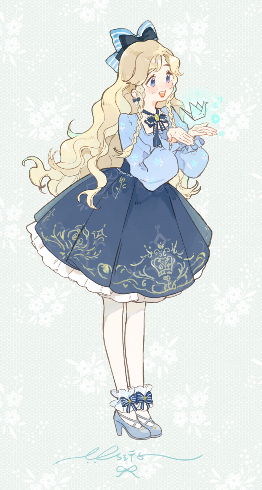 1girl ankle_bow ankle_ribbon apuaayu blonde_hair blue_bow blue_bowtie blue_choker blue_eyes blue_shoes blue_skirt blue_sky blush_stickers bow bow_choker bow_earrings bowtie braid chinese_commentary choker commentary_request cross-laced_shoes dot_nose earrings eyelashes floral_background floral_print frilled_anklet frilled_skirt frilled_sleeves frills full_body green_brooch grey_background hair_bow happy high-waist_skirt high_heels highres infinity_nikki jewelry long_hair long_sleeves looking_at_object medium_skirt nikki_(series) object_floating_above_hand open_mouth origami pantyhose paper_crane pleated_skirt pom_pom_(clothes) pom_pom_earrings puffy_long_sleeves puffy_sleeves pumps ribbon shoes signature skirt sky smile solo square_neckline standing striped_bow tareme twin_braids very_long_hair wavy_hair white_pantyhose