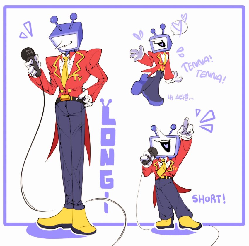 1boy ant_tenna arm_up crt deltarune full_body gloves grey_pants hand_on_own_hip heart highres holding holding_microphone korean_commentary male_focus microphone minteutokki1 multiple_views necktie object_head open_mouth outstretched_arm pants pointing pointing_up pointy_nose shoes smile spoken_heart tailcoat white_gloves yellow_necktie yellow_shoes