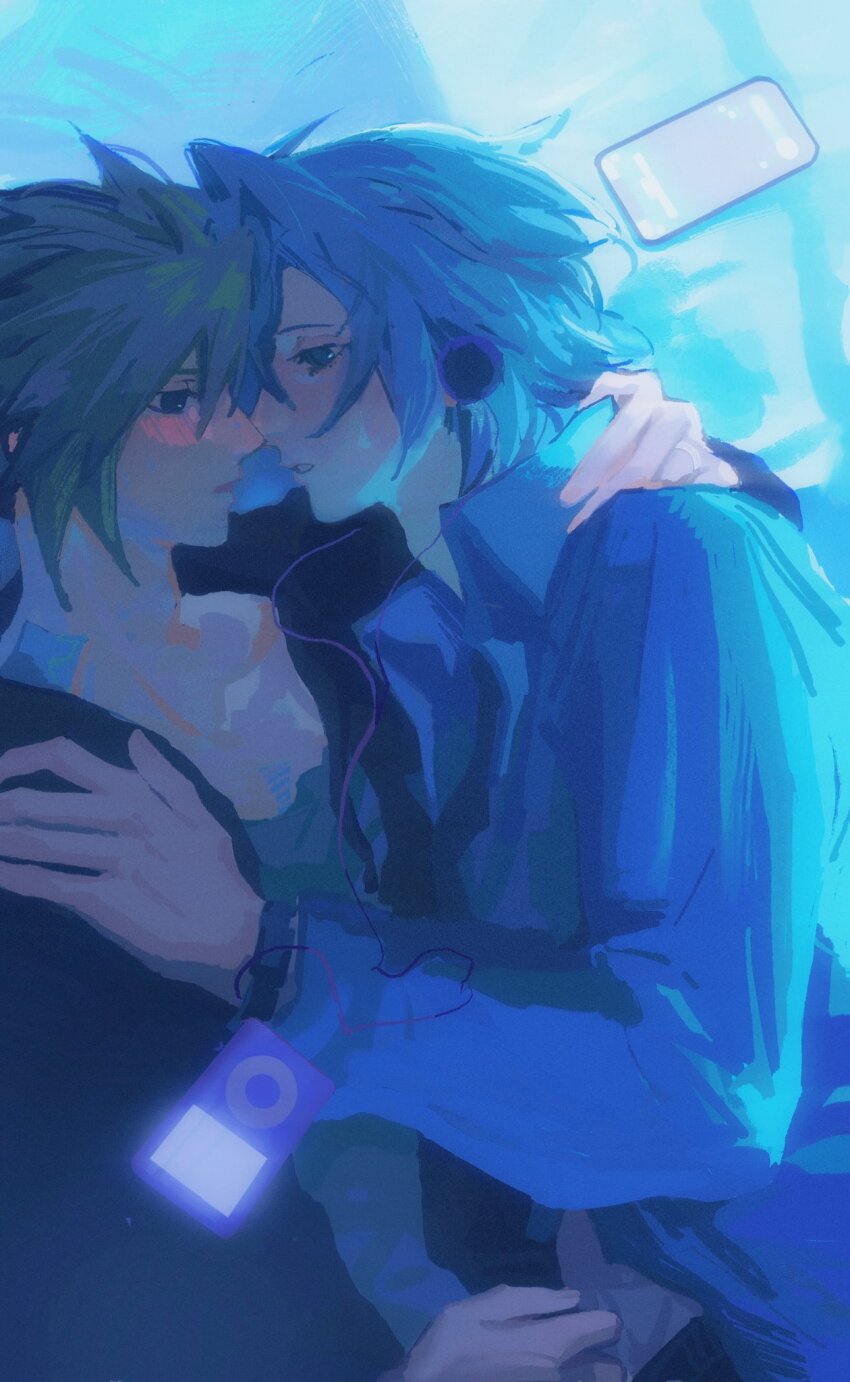 2boys blonde_hair blue_eyes blush cellphone cloud_strife cuddling digital_media_player final_fantasy final_fantasy_vii final_fantasy_vii_ever_crisis green_eyes grey_hair hand_on_another&#039;s_chest hand_on_another&#039;s_neck hashtag-only_commentary headphones highres imminent_kiss ipod looking_at_another lying male_focus multiple_boys norgeehotpot on_bed on_side phone sephiroth sephiroth_(ever_crisis) shirt short_hair slit_pupils smartphone yaoi