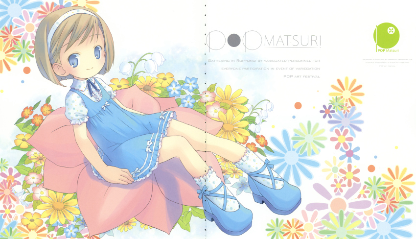 1girl absurdres artbook blue_dress blue_eyes blue_shoes blue_socks brown_hair cross-laced_footwear dress english_text engrish_text female_focus flat_chest flower hairband highres non-web_source original patterned_legwear polka_dot polka_dot_legwear polka_dot_shirt pop ranguage shirt shoes short_dress short_hair short_sleeves sitting smile socks solo