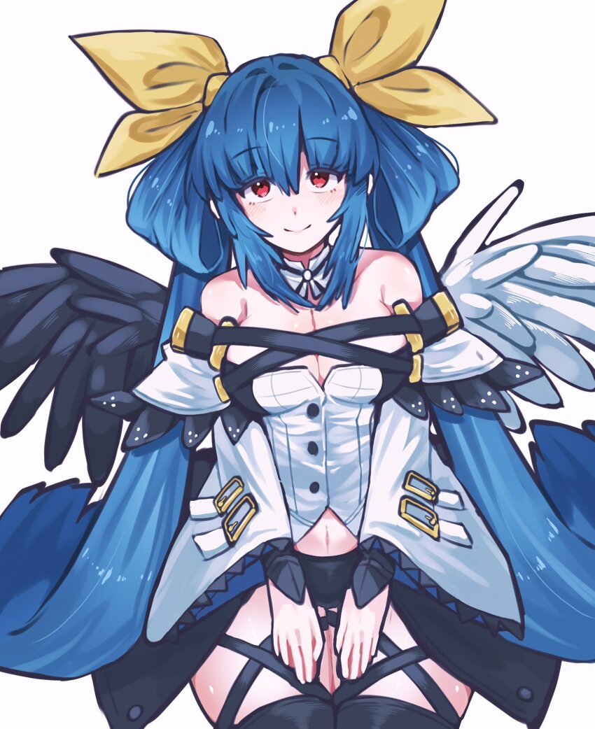 1girl angel_wings asymmetrical_wings bare_shoulders black_panties blush breasts cleavage closed_mouth detached_collar detached_sleeves dizzy_(guilty_gear) guilty_gear guilty_gear_xrd hair_ribbon hair_rings highres hina_co_330 large_breasts long_hair looking_at_viewer midriff navel panties red_eyes ribbon sidelocks simple_background sitting smile solo thick_thighs thigh_strap thighs twintails underwear white_background wide_sleeves wings yellow_ribbon