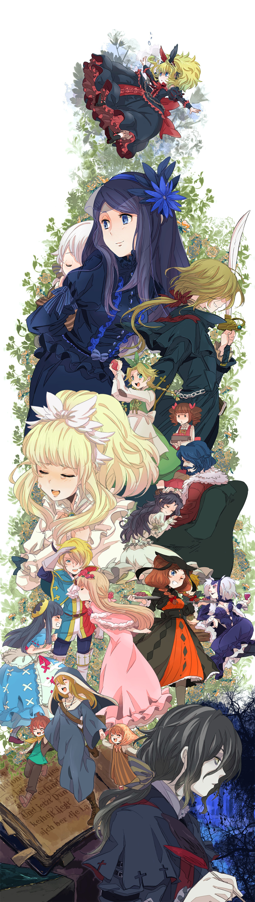 5boys 6+girls absurdres aohigeko arms_at_sides bag bags_under_eyes bluebeard blunt_bangs boots braid breasts buranko_(marchen) carrying cleavage cross cross_print cup cupping_glass dornroeschen_(maerchen) drinking_glass elisabeth_von_wettin elizabeth_von_wettin elyse_(sound_horizon) everyone food fruit hair_over_one_eye half_updo hand_on_another&#039;s_head hans_(marchen) highres holding holding_sword holding_weapon idoko idoko&#039;s_stepsister idolfried_ehrenberg innkeeper_(marchen) lace-up_boots layered_sleeves leaning_to_the_side lolita_fashion long_sleeves low_ponytail maerchen_(sound_horizon) marchen_von_friedhof marz_von_ludowing meat multiple_boys multiple_girls music nun_(marchen) one_eye_covered pantyhose piggyback plate ponytail schneewittchen_(maerchen) short_over_long_sleeves short_sleeves shoulder_bag singing sitting sound_horizon sword tettere therese_von_ludowing thighhighs twin_braids weapon wine_glass