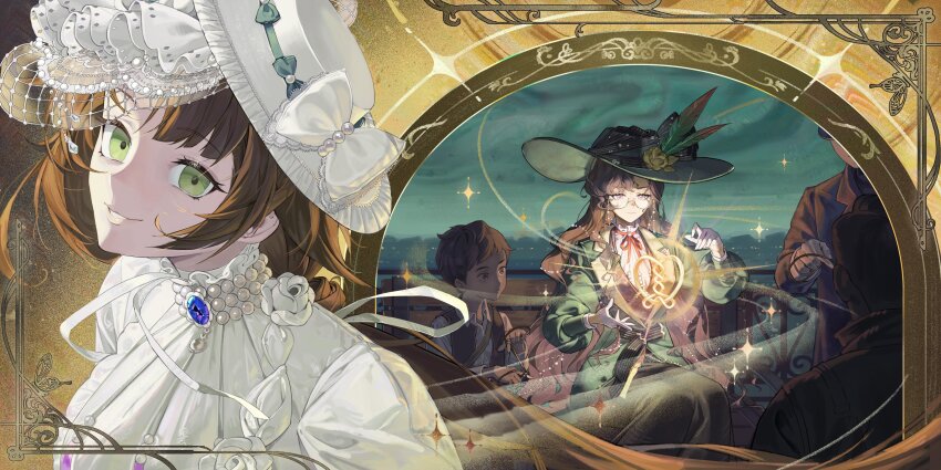 2girls 3boys absurdres black_hair black_skirt blue_sky border bow brown_hair child cosplay costume_switch curly_hair dress eyewear_strap feathers feet_out_of_frame flower glasses glowing gown green_eyes green_feathers green_hat green_jacket grin hat hat_bow hat_feather hat_flower highres hofmann_knot isolde_(reverse:1999) jacket kakania_(reverse:1999) long_hair long_sleeves looking_at_viewer low_ponytail magic multiple_boys multiple_girls neck_ribbon ornate_border people picture_hat ponytail puffy_long_sleeves puffy_sleeves red_ribbon reverse:1999 ribbon round_eyewear shirt sitting skirt sky smile sparkle teeth ttogi_young upper_body veil white_bow white_dress white_hat white_shirt white_veil yellow_background yellow_flower