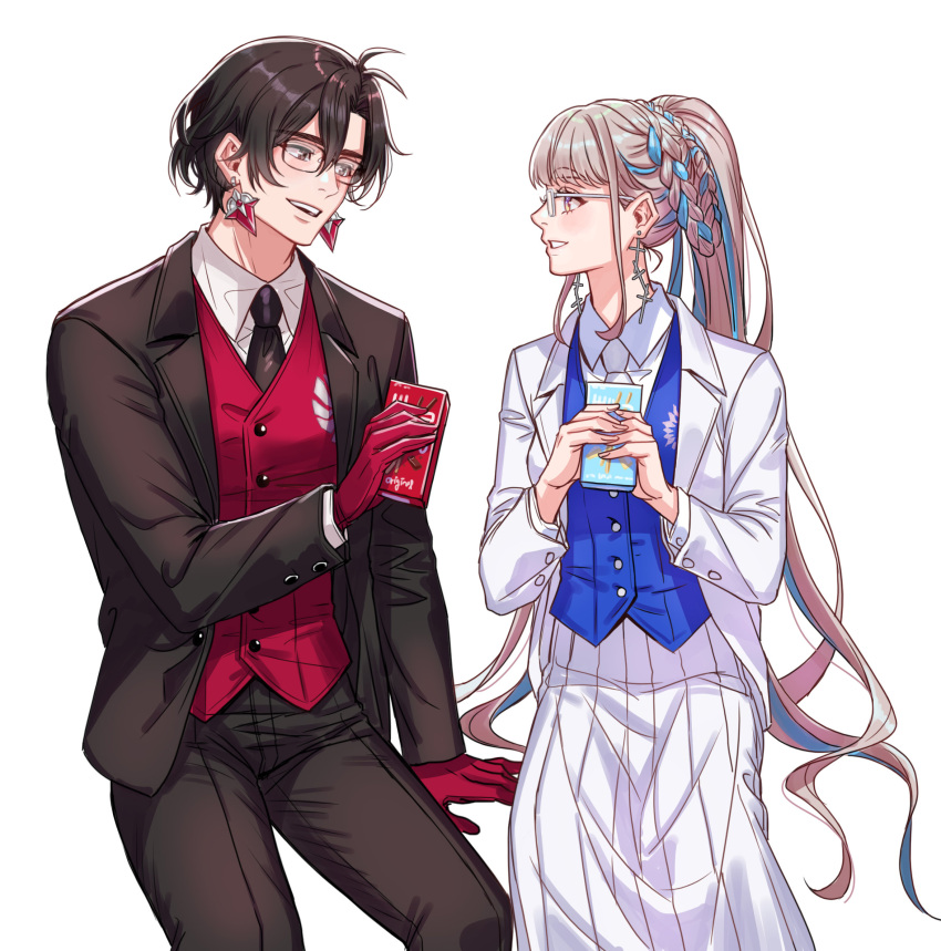1boy 1girl alternate_costume arm_support black-framed_eyewear black_hair black_jacket black_necktie black_pants blue_hair blue_vest box braid braided_hair_rings brown_eyes collared_shirt constantine_xi_(fate) cross cross_earrings dnstar_1019 earrings eye_contact fate/grand_order fate_(series) food glasses gloves grey_hair hair_between_eyes hair_rings hand_up hands_up high_ponytail highres holding holding_box jacket jewelry johanna_(fate) long_hair long_sleeves looking_at_another matching_outfits multicolored_eyes multicolored_hair necktie open_clothes open_jacket pants parted_bangs parted_lips pleated_skirt pocky pocky_day ponytail purple_eyes red_gloves red_vest shirt short_hair simple_background sitting skirt smile streaked_hair teeth two-tone_eyes upper_teeth_only vest white-framed_eyewear white_background white_jacket white_necktie white_shirt white_skirt yellow_eyes