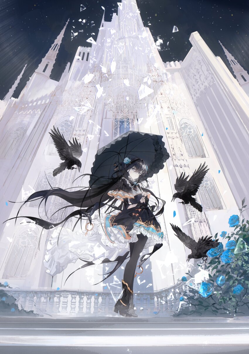 1girl absurdres aqua_flower aqua_rose arcaea arm_cutout axleaki bird black_boots black_bow black_capelet black_dress black_hair black_nails black_pantyhose black_umbrella blue_eyes blue_flower blue_rose boots bow bowtie brooch capelet closed_mouth clothing_cutout corset crossed_bangs crow dress expressionless falling_petals flat_chest floating_hair flower flower_brooch frilled_dress frilled_umbrella frills full_body glass_shards gold_trim hair_flower hair_ornament hashtag-only_commentary highres holding holding_umbrella jewelry lace-trimmed_umbrella long_hair long_sleeves looking_at_viewer nail_polish neck_flower night night_sky outdoors palace pantyhose petals pleated_capelet rose sidelocks sky solo stairs standing tairitsu_(arcaea) tairitsu_(grievous_lady)_(arcaea) umbrella very_long_hair wind