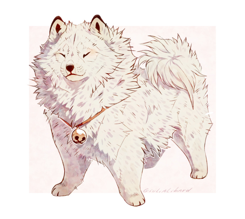 animal animal_focus bell collar commentary curled_tail dog english_commentary fluffy giulialibard japanese_spitz jingle_bell no_humans original pomeranian_(dog) realistic samoyed_(dog) simple_background snout solo white_fur