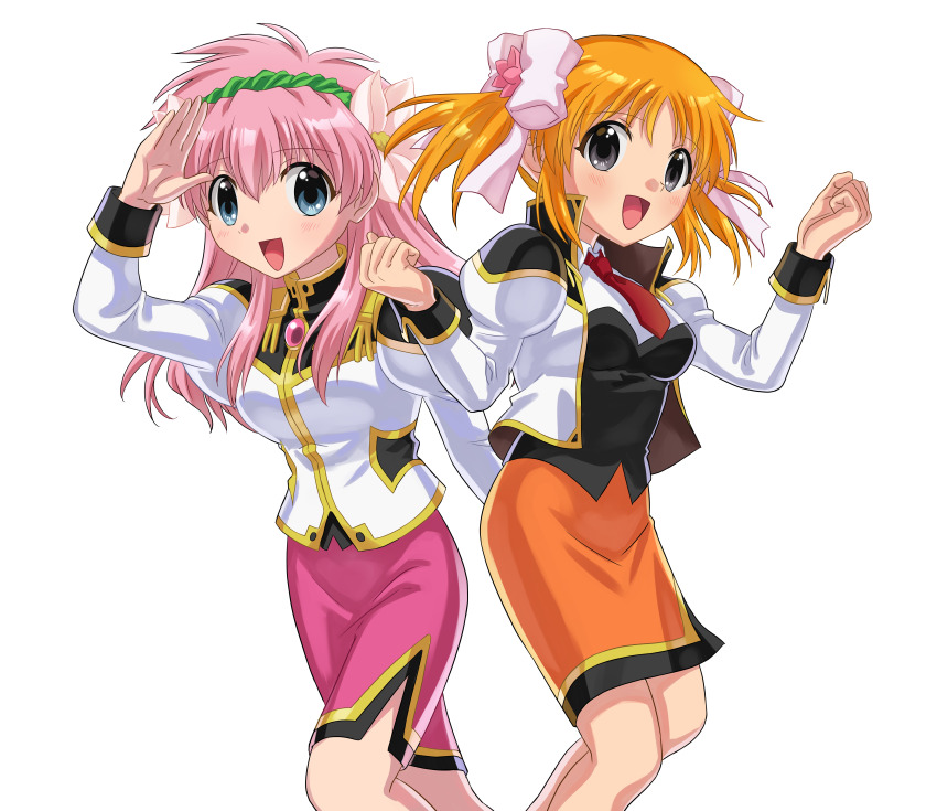 2girls absurdres apricot_sakuraba arm_up arms_up blue_eyes bow breasts cowboy_shot flower galaxy_angel galaxy_angel_rune green_hairband grey_eyes hair_bow hair_flower hair_ornament hairband highres jacket kitaru long_hair long_sleeves looking_at_viewer medium_breasts milfeulle_sakuraba military_uniform monocle monocle_chain multiple_girls necktie open_clothes open_jacket open_mouth orange_hair orange_skirt pencil_skirt pink_bow pink_hair pink_skirt red_necktie salute short_twintails sidelocks skirt smile twintails white_background