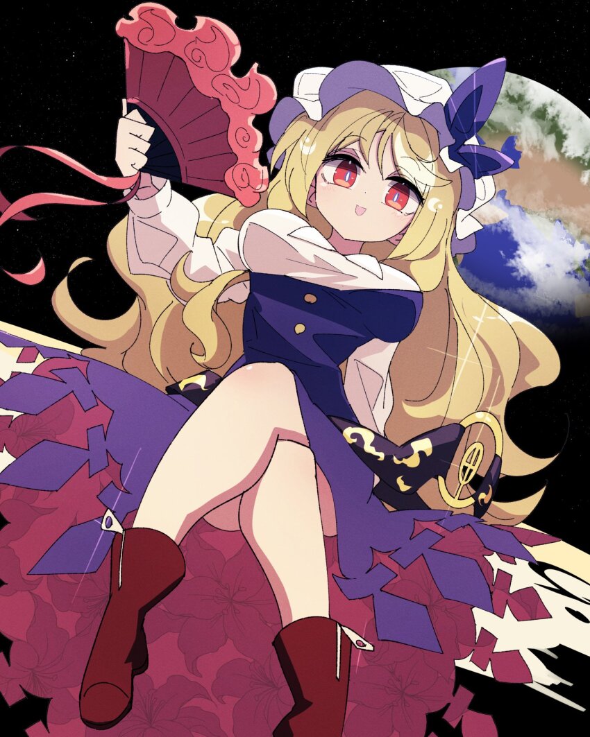 1girl :d blonde_hair boots breasts crossed_legs dress earth_(planet) hand_fan hat highres holding holding_fan large_breasts long_hair long_sleeves looking_at_viewer mob_cap open_mouth planet purple_dress red_boots red_eyes ryouryou shirt sitting smile solo space touhou watatsuki_no_toyohime white_shirt