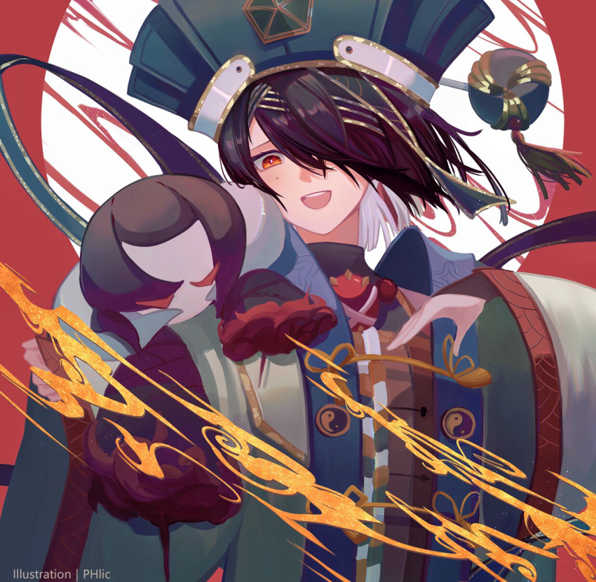 1girl black_gloves black_hair blue_headwear blush breasts chinese_clothes doll fate/grand_order fate_(series) fingerless_gloves gem gloves hair_between_eyes hair_ornament hair_over_one_eye hair_stick highres holding holding_doll long_sleeves looking_at_viewer medium_hair mole mole_under_eye open_mouth phlic small_breasts smile solo straight_hair tassel upper_body wide_sleeves xu_fu_(fate) xu_fu_(first_ascension)_(fate) yu_mei-ren_(fate)