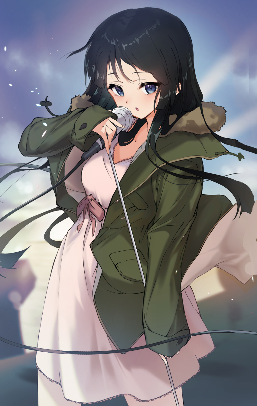 1girl absurdres akiyama_mio black_hair dress highres holding holding_microphone hood hoodie k-on! kootee-on long_hair microphone music singing singing!_(k-on!) solo