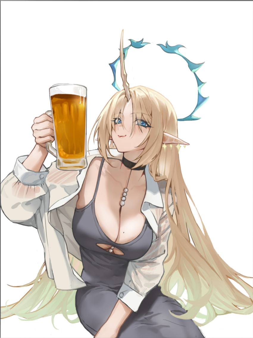 1girl alternate_costume beer_mug black_choker blonde_hair blue_eyes breasts choker cleavage closed_mouth collarbone collared_shirt crown_of_thorns cup dress earrings fleurdelys_(wuthering_waves) floating_earrings grey_dress hand_up highres holding holding_cup horns huihuisama jewelry large_breasts light_blush long_hair long_horns long_sleeves looking_at_viewer missing_commentary mole mole_on_breast mug open_clothes open_shirt out_of_character parted_bangs pointy_ears shirt sidelocks simple_background single_horn sitting smile solo tacet_mark_(wuthering_waves) very_long_hair white_background white_shirt wuthering_waves yellow_horns