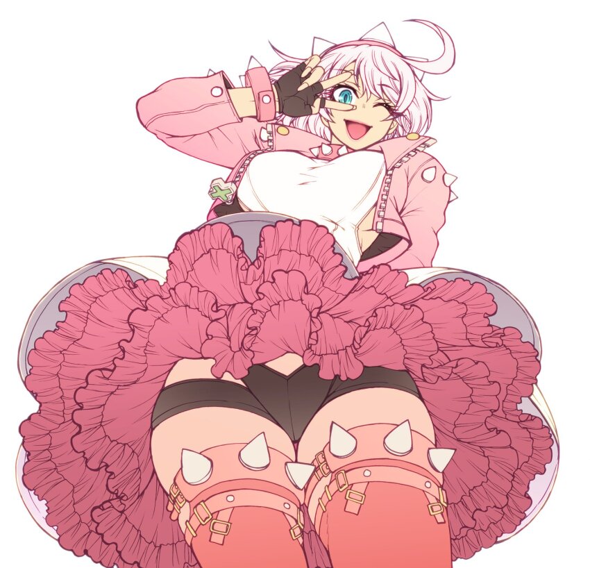 1girl ahoge aqua_eyes bike_shorts black_gloves black_shorts boots bracelet breasts chiba_toshirou clover collar dress elphelt_valentine fingerless_gloves four-leaf_clover frilled_dress frills gloves guilty_gear guilty_gear_strive hairband highres huge_ahoge jacket jewelry large_breasts long_sleeves looking_at_viewer one_eye_closed open_mouth pink_boots pink_dress pink_jacket short_hair shorts smile spiked_bracelet spiked_collar spiked_hairband spikes thigh_boots two-tone_dress v white_dress white_hair