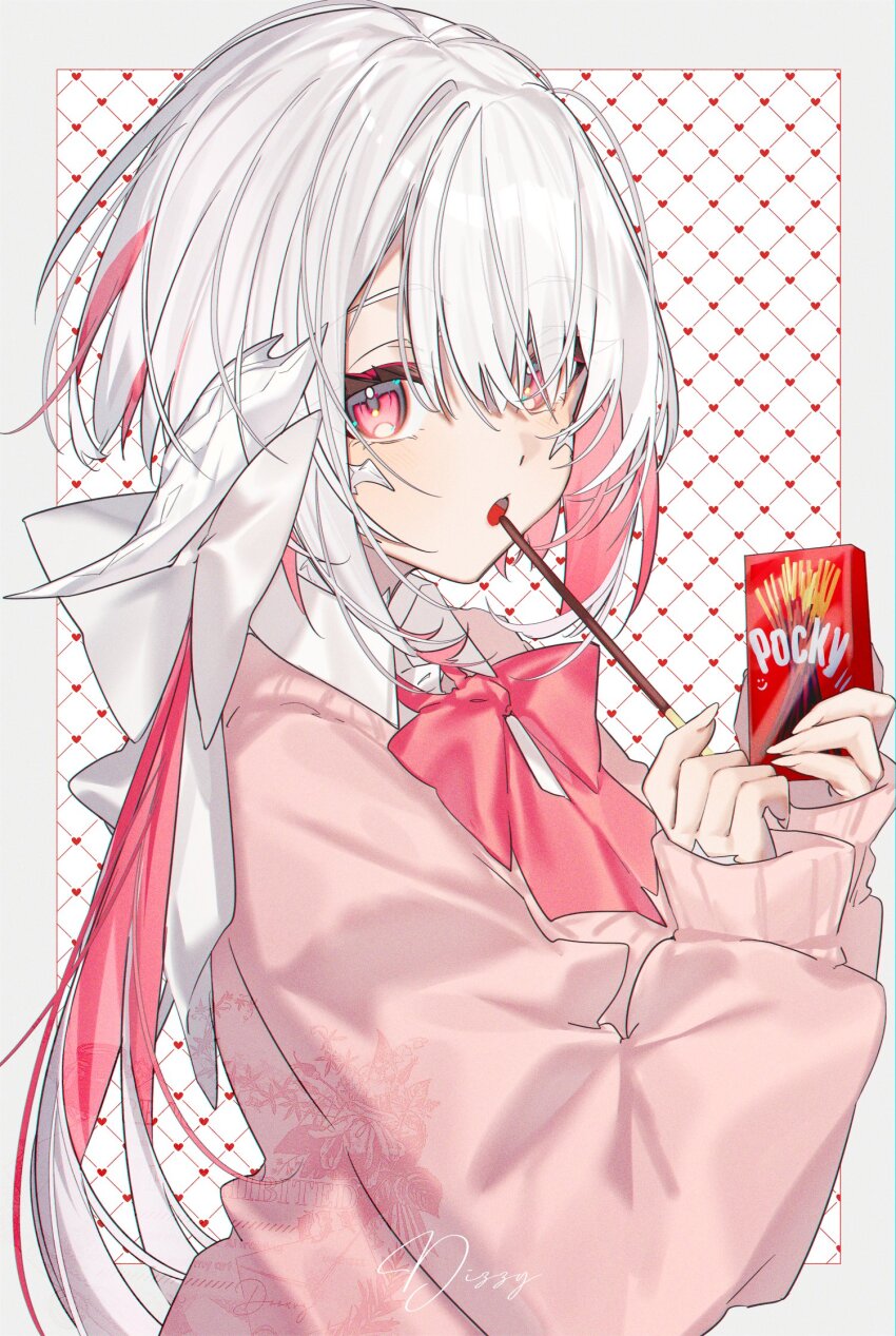 1girl au_ra cardigan collared_shirt colored_inner_hair dragon_girl dragon_horns final_fantasy final_fantasy_xiv food highres holding holding_food holding_pocky horns long_hair looking_at_viewer motsuni_(lxxe1120) multicolored_hair pink_hair pocky red_eyes scales shirt solo warrior_of_light_(ff14) white_hair white_shirt