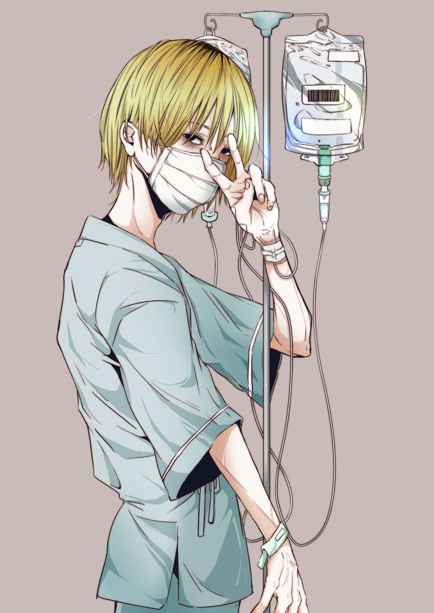 1boy absurdres bags_under_eyes blonde_hair catheter highres hospital hospital_gown indoors intravenous_drip iv_stand looking_at_viewer mask mouth_mask original pale_skin saejimayu129929 skinny surgical_mask v