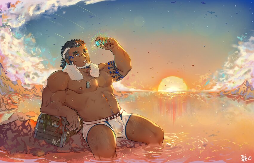 arm_tattoo bara blue_gemstone body_hair cloud cloudy_sky dark_skin facial_hair gem highres indie_virtual_youtuber kaito_navigator kiekoio ocean shore sky sunset sweat tattoo topless_male towel treasure_chest underwear