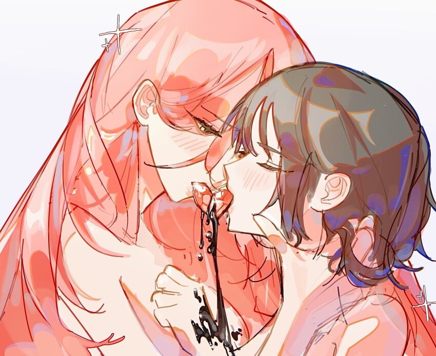 2girls alien_stage black_blood black_hair blood closed_eyes commentary english_commentary half-closed_eyes hand_on_another&#039;s_neck heart-shaped_gem highres ktsnartemis long_hair mizi_(alien_stage) mouth_hold multiple_girls pink_hair short_hair sua_(alien_stage) yuri
