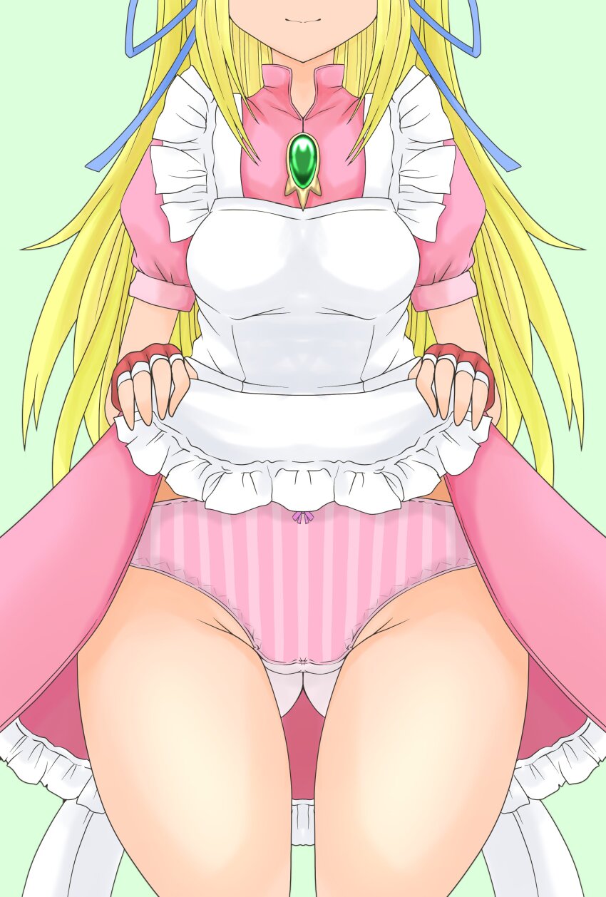 1girl absurdres apron blonde_hair blush bow bowtie clothes_lift commission dress dress_lift eyes_out_of_frame gloves head_out_of_frame highres lifting_own_clothes lilith_aileron long_hair panties pink_bow pink_bowtie pink_dress pink_panties ribbon short_hair shu~~n simple_background skirt skirt_lift smile solo striped_clothes striped_panties tales_of_(series) tales_of_destiny underwear very_short_hair white_background white_stripes