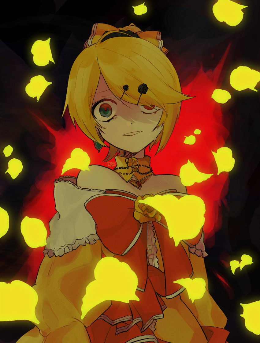 1girl 2021 aku_no_musume_(vocaloid) artist_logo bare_shoulders blonde_hair blue_eyes bow choker constricted_pupils dated dress dress_bow dress_flower dress_ribbon earrings empty_eyes evillious_nendaiki falling_petals false_smile flower flower_choker frilled_dress frills glowing glowing_petals hair_bow hair_ornament hair_over_one_eye hairclip head_tilt high_ponytail highres jewelry kagamine_rin logo looking_at_viewer orange_bow orange_ribbon petals ponytail red_background red_pupils ribbon riliane_lucifen_d&#039;autriche rose_petals scared smile solo sweatdrop swept_bangs takamiya_yuu updo vocaloid wide_sleeves yellow_bow yellow_choker yellow_dress yellow_petals