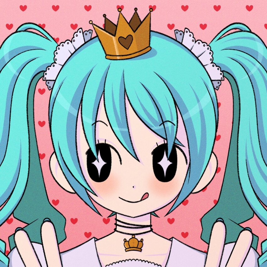 1girl blue_hair blush crown crown_necklace cryptidhermit dot_nose double_v eyelashes hatsune_miku heart heart_background highres jewelry licking_lips long_hair necklace pink_background solo sparkling_eyes tongue tongue_out twintails v vocaloid world_is_mine_(vocaloid)