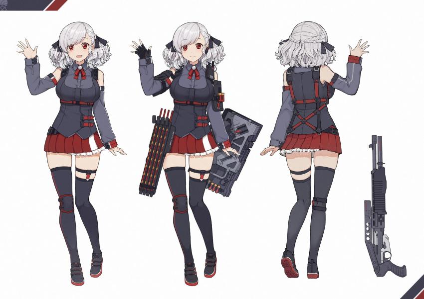 12-gauge 12-gauge_(2_3/4_inch_shell) 1girl ammunition ballistic_shield black_shirt black_thighhighs blush bow bowtie breasts reference_sheet dual-mode_shotgun earplugs franchi full_body girls&#039;_frontline gloves gun highres holding large_breasts looking_at_viewer low_twintails multiple_views official_art pump-action_shotgun pump_action red_eyes red_skirt semi-automatic_shotgun shield shield_module shirt shotgun shotgun_shell silver_hair simple_background skindentation skirt sleeveless smile spas-12 spas-12_(girls&#039;_frontline) standing terras thighhighs trigger_discipline twintails weapon white_background zettai_ryouiki