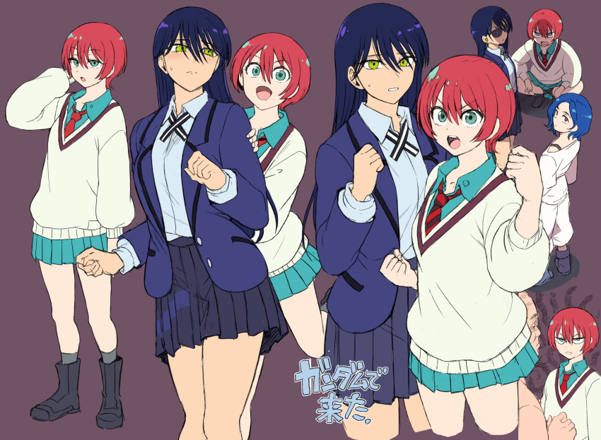 1boy 2girls :d :o aiue_oka amate_yuzuriha aqua_eyes aqua_shirt aqua_skirt black_background blazer blue_hair blue_jacket blue_skirt boots clenched_hands collared_shirt commentary_request cropped_legs d: dress_shirt frown full_body gundam gundam_gquuuuuux hand_on_another&#039;s_arm highres jacket jitome long_hair long_sleeves multiple_girls multiple_views necktie nyaan_(gundam_gquuuuuux) open_clothes open_jacket open_mouth pants pleated_skirt red_necktie school_uniform shirt short_hair shuji_ito simple_background skirt small_sweatdrop smile socks squatting standing striped_necktie sunglasses sweater teeth upper_teeth_only white_pants white_shirt white_sweater yellow_eyes
