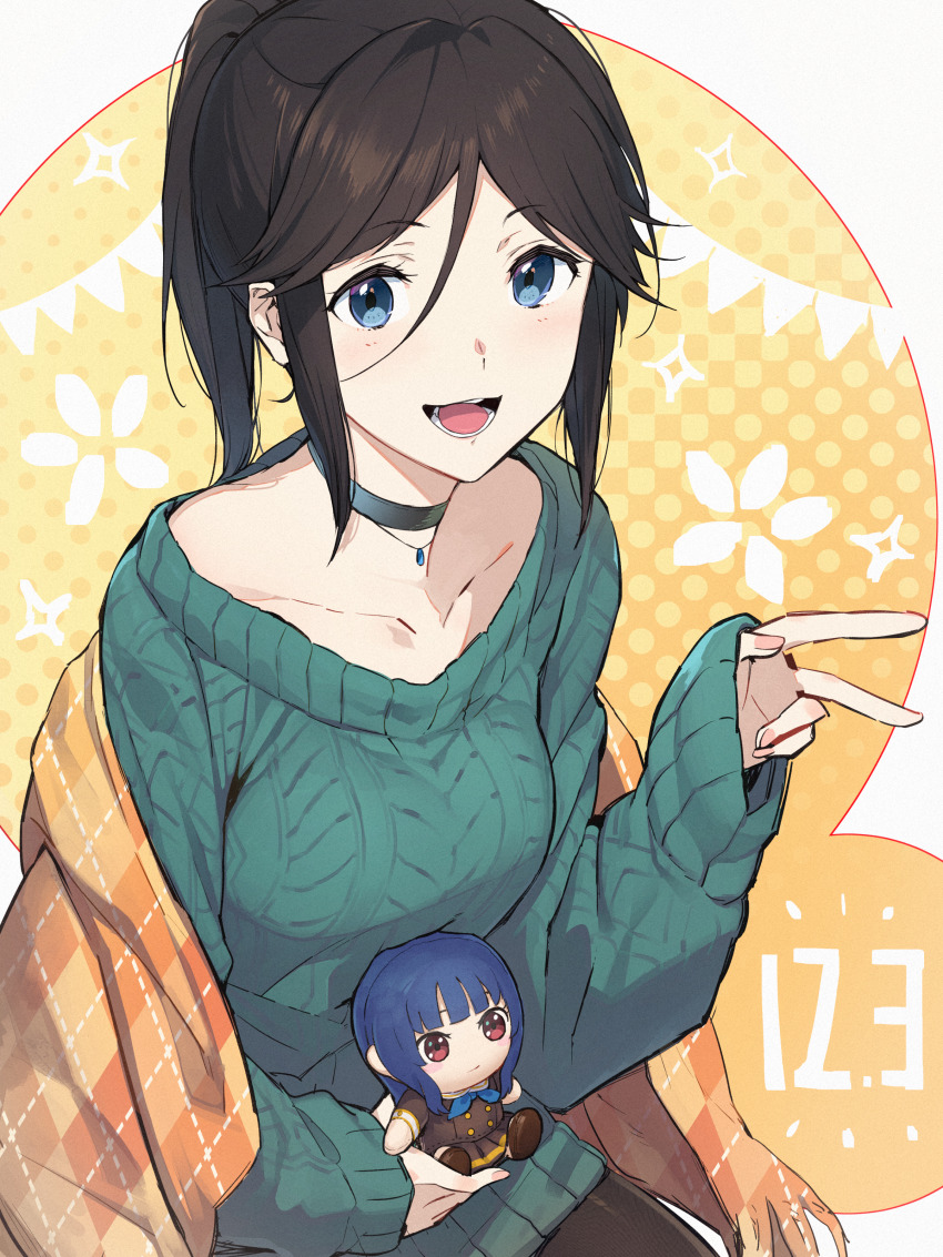 1girl 3s_(tarariko) :d absurdres birthday black_choker black_hair black_pantyhose blue_eyes breasts character_doll choker collarbone commentary doll green_sweater hair_between_eyes hibike!_euphonium highres holding holding_doll jewelry kasaki_nozomi long_hair long_sleeves looking_at_viewer medium_breasts open_mouth pantyhose pendant ponytail sidelocks sleeves_past_wrists smile solo sweater symbol-only_commentary teeth tongue v yellow_blanket yoroizuka_mizore