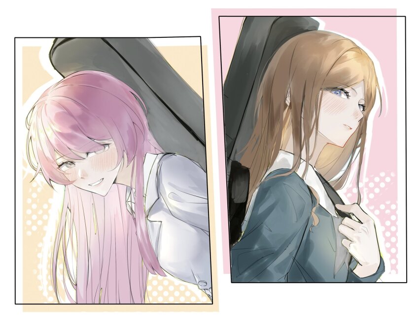 2girls bang_dream! bang_dream!_it&#039;s_mygo!!!!! blue_eyes blue_shirt blush brown_hair chihaya_anon clenched_teeth commentary eyes_visible_through_hair fang grey_eyes grey_jacket guitar_case haneoka_school_uniform highres instrument_case instrument_on_back jacket koaok long_hair long_sleeves multiple_girls nagasaki_soyo nose_blush open_mouth parted_lips pink_hair school_uniform shirt skin_fang teeth tsukinomori_school_uniform