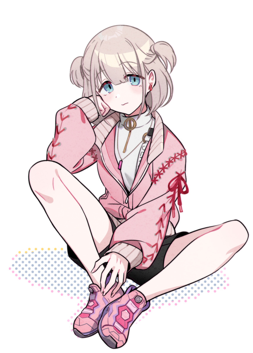 1girl bare_legs black_shorts blue_eyes blunt_bangs blush closed_mouth commentary earrings eyelashes full_body hair_between_eyes head_rest highres idolmaster idolmaster_shiny_colors jacket jewelry knee_up legs light_brown_hair looking_at_viewer medium_hair partially_unzipped pink_jacket pink_shoes serizawa_asahi shirt shoes short_shorts shorts simple_background sitting sneakers solo stud_earrings tareme white_background white_shirt yuura