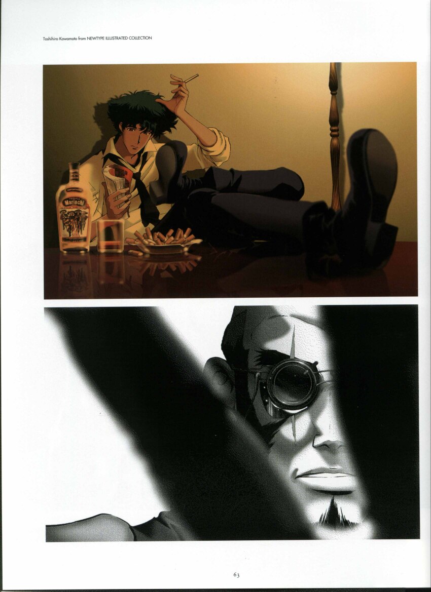 2boys absurdres bald beard bottle cigarette cowboy_bebop facial_hair highres holding holding_cigarette jet_black magazine_(object) multiple_boys necktie official_art scan scar scar_across_eye scar_on_face shirt spike_spiegel spiked_hair sunglasses