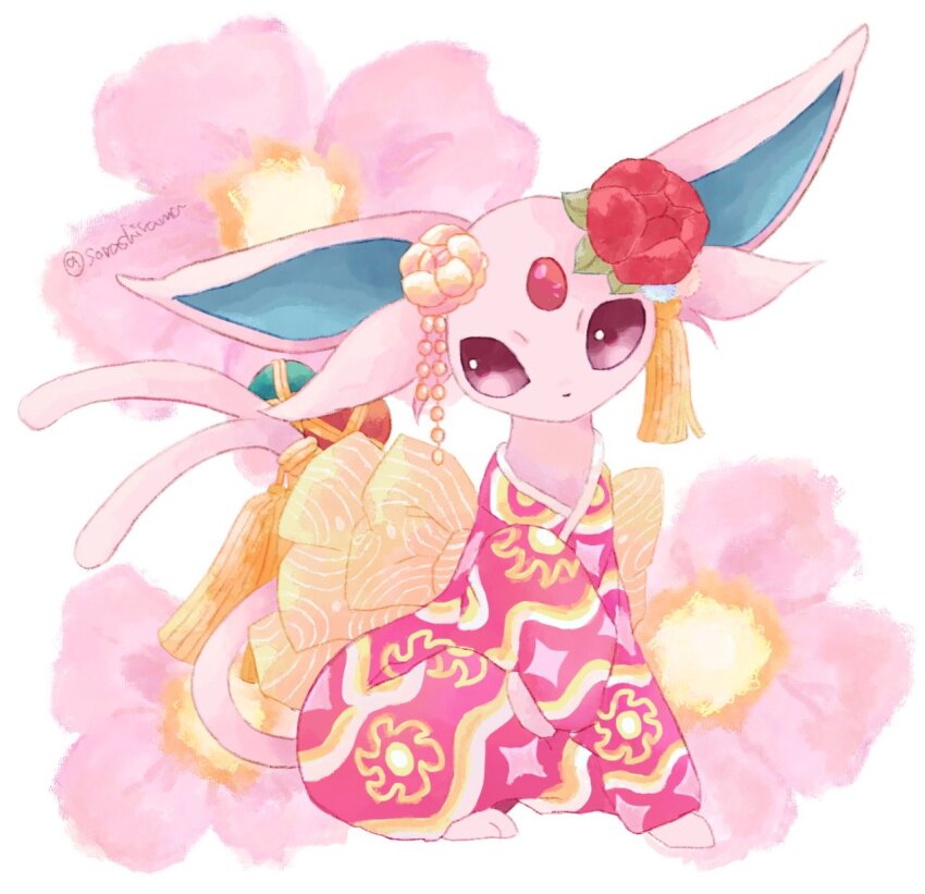 animal_focus clothed_pokemon commentary_request espeon espeon_(pokebuki) flower forked_tail gen_2_pokemon highres japanese_clothes kimono nintendo no_humans pokemon pokemon_(creature) pokemon_unite purple_eyes sitting solo sorashiramu tail twitter_username