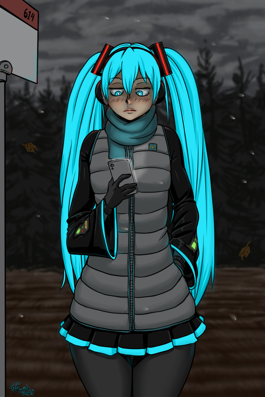 1girl aqua_eyes aqua_hair aqua_scarf aqua_trim artist_logo artist_name black_gloves black_skirt black_sleeves blush breasts bright_pupils bus_stop cellphone closed_mouth cloud cloudy_sky cowboy_shot dark dated dirt down_vest downcast_eyes dusk expressionless eyelashes falling_leaves field forest gloves glowing glowing_hair grey_leggings grey_vest hair_between_eyes hatsune_miku highres holding holding_phone jitome leaf leggings leggings_under_skirt light_frown lips logo long_hair looking_at_object looking_at_phone medium_breasts nature nose_blush overcast phone pine_tree pleated_skirt ragathol runny_nose scarf sign signpost skirt sky smartphone snot snowflakes snowing solo standing sweden swedish_flag tree twintails very_long_hair vest vocaloid white_pupils wide_sleeves worldwide_miku