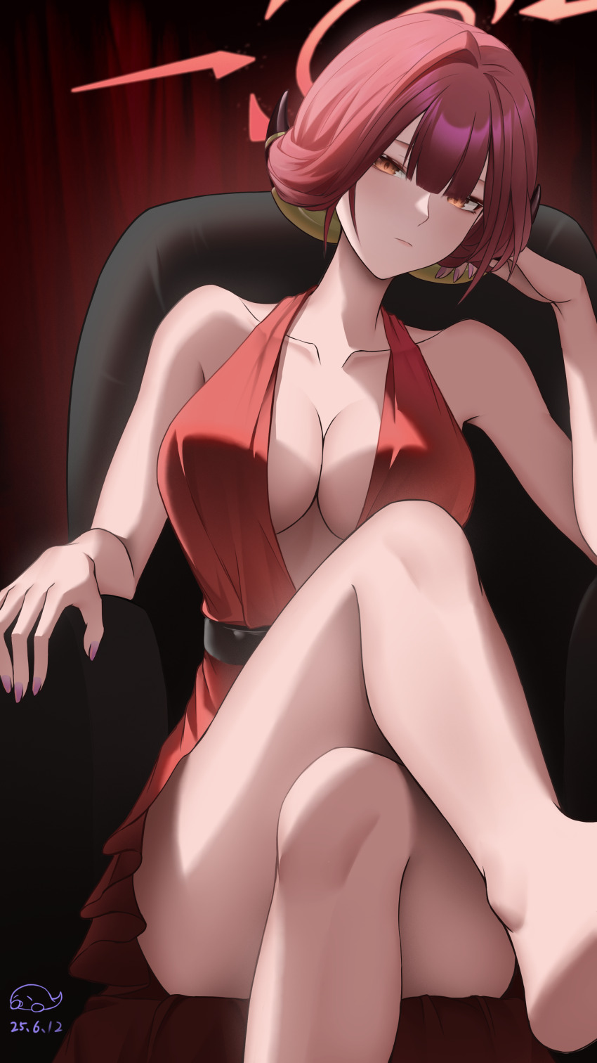 1girl absurdres aifankuendefeng alternate_costume alternate_hair_length alternate_hairstyle aru_(blue_archive) bare_arms bare_shoulders barefoot blue_archive blunt_bangs breasts chair cleavage closed_mouth crossed_legs demon_girl demon_horns dress hair_between_eyes highres horns large_breasts looking_at_viewer on_chair red_dress red_hair short_hair sidelocks sitting sleeveless sleeveless_dress solo yellow_eyes