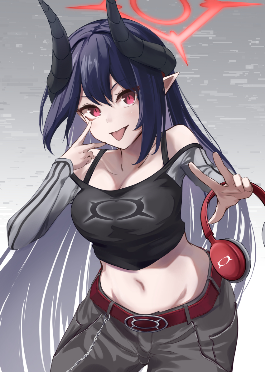 1girl :p absurdres akanbe alternate_costume bare_shoulders belt black_hair black_horns black_shirt blue_archive blush breasts casual chiaki_(blue_archive) commentary cowboy_shot crop_top curved_horns demon_girl demon_horns denim eyelashes eyelid_pull eyes_visible_through_hair grey_background grey_pants grey_sleeves hair_between_eyes halo hands_up headphones highres holding holding_headphones horns jeans kokage_yugure light_blush long_hair long_sleeves looking_at_viewer medium_breasts navel no_headwear off-shoulder_shirt off_shoulder pants pointy_ears red_belt red_eyes red_halo shirt sidelocks simple_background slit_pupils smile solo stomach straight_hair tongue tongue_out two-tone_shirt v v-shaped_eyebrows very_long_hair w