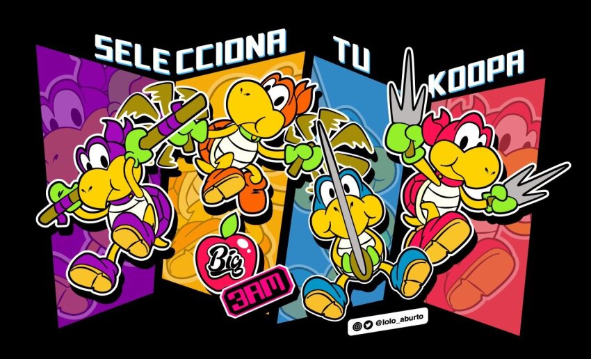 4boys apple artist_name crossover donatello_(tmnt) food fruit koopa koopa_bros. leonardo_(tmnt) lolo_aburto looking_at_viewer mario_(series) michelangelo_(tmnt) multiple_boys nintendo nunchaku paper_mario paper_mario_64 raphael_(tmnt) sai_(weapon) shell spanish_text staff sword teenage_mutant_ninja_turtles weapon