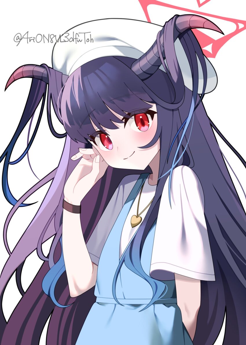 1girl 4rion beret black_hair black_horns blue_archive blue_dress blush closed_mouth commentary demon_girl demon_horns dress fuuka_(blue_archive) fuuka_(casual)_(blue_archive) hair_on_horn halo hand_up hat heart_pendant highres horns long_hair looking_at_viewer official_alternate_costume official_alternate_hairstyle red_eyes red_halo shirt short_sleeves sleeveless sleeveless_dress smile solo split_mouth straight_hair twitter_username upper_body very_long_hair white_hat white_shirt