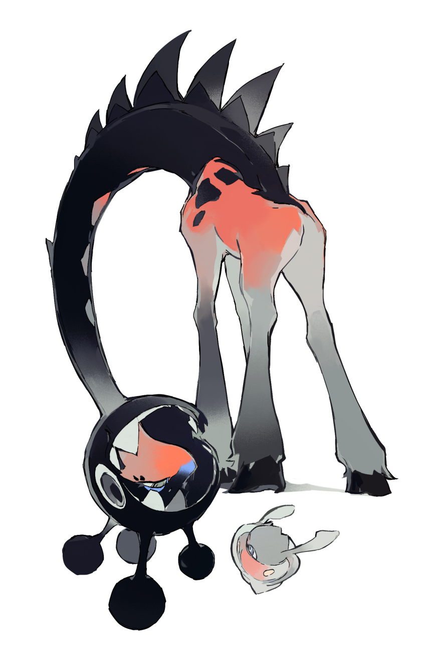 alternate_color blue_nose commentary english_commentary eye_contact farigiraf gen_6_pokemon giraffe highres hooves inkay keroreud looking_at_another nintendo no_humans pokemon pokemon_(creature) shadow shiny_pokemon simple_background spines tentacles white_background