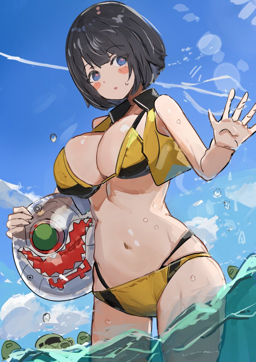 1girl bikini black_hair blue_sky breasts cleavage gold_bikini gundam gundam_gquuuuuux highres shiiko_sugai sky swimsuit